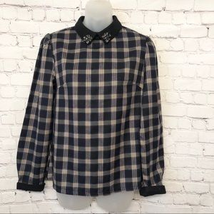 PLAID LONG SLEEVE JEWELED COLLAR BLOUSE NAVY & TAN